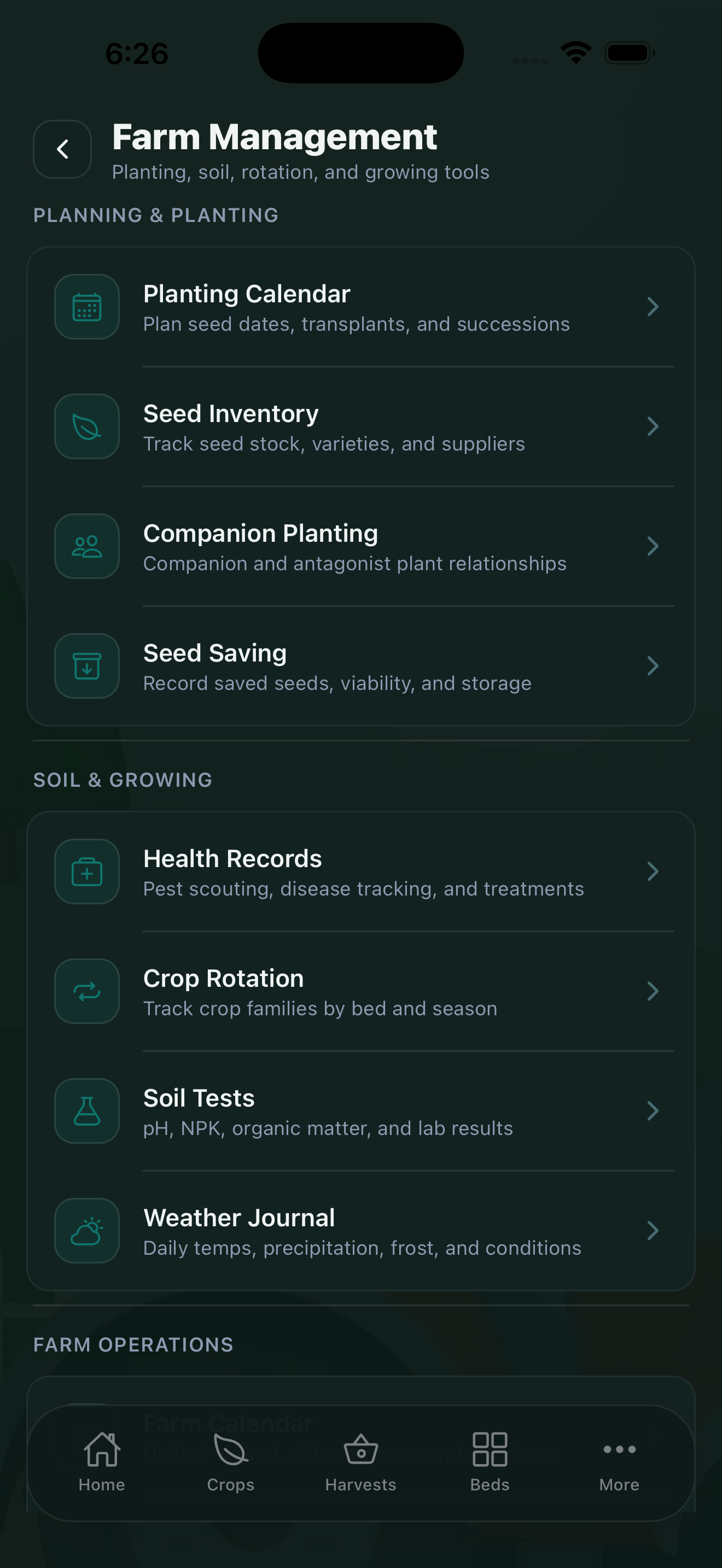 CropsBook Farm Management screen