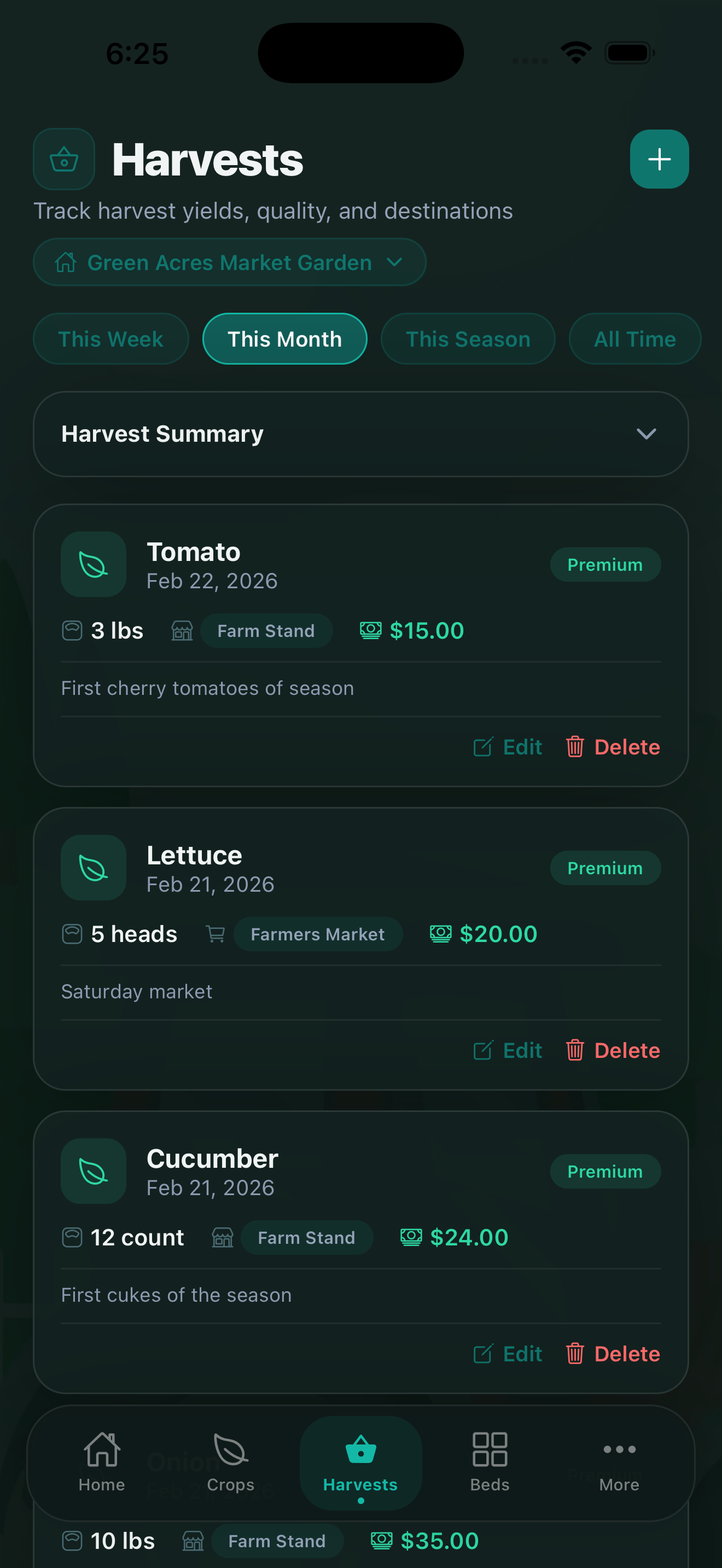 CropsBook Harvests screen