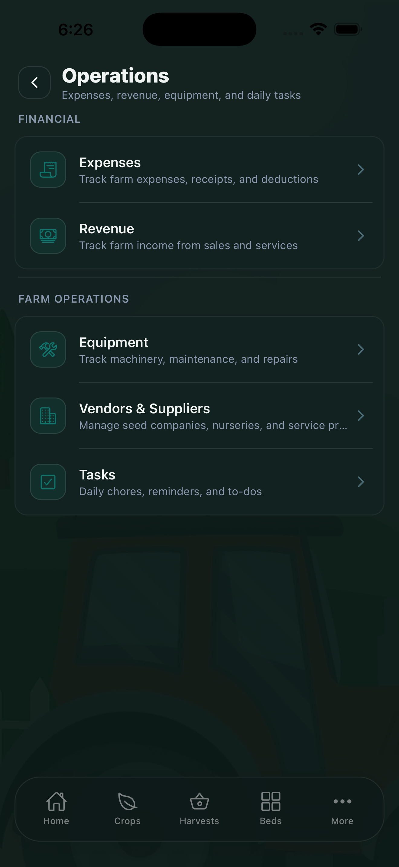 CropsBook Operations screen