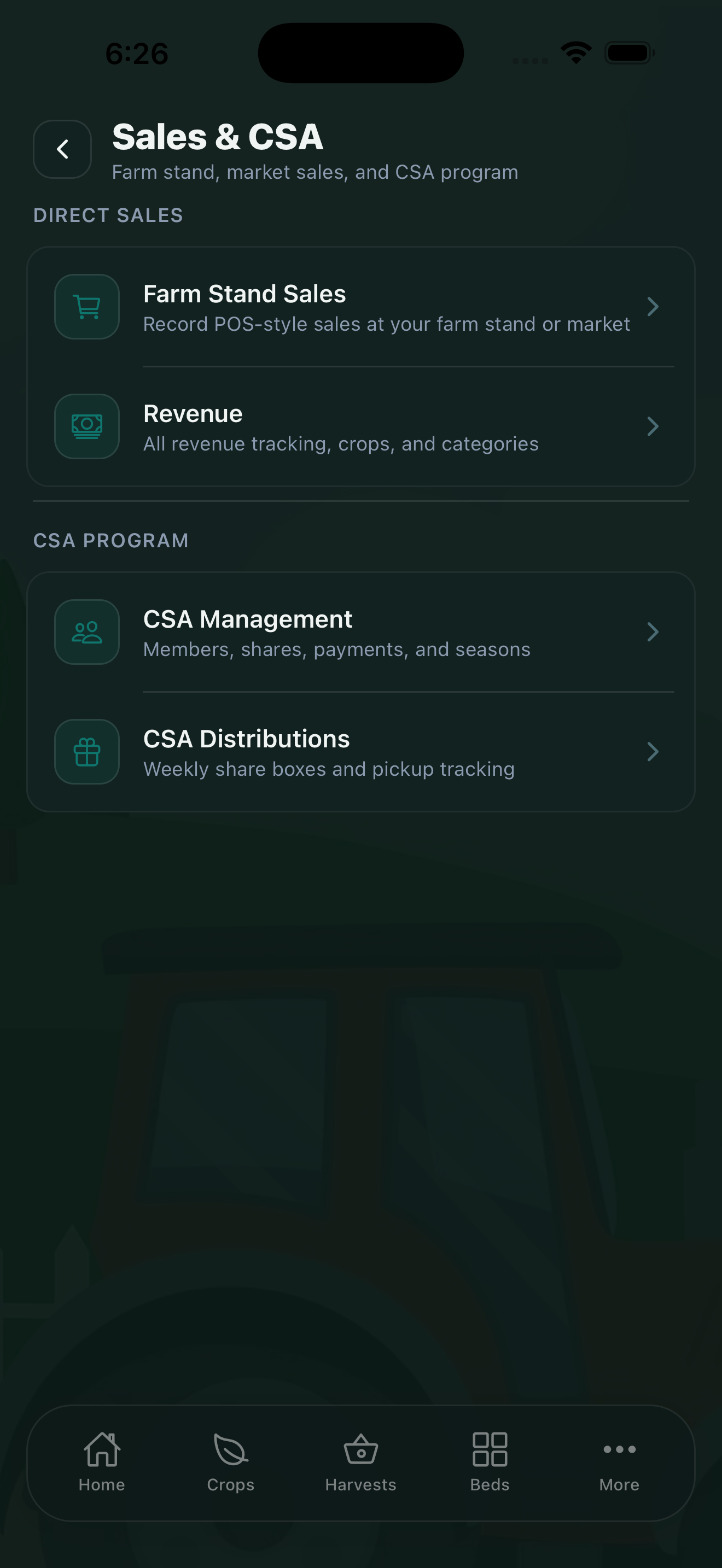 CropsBook Sales and CSA screen